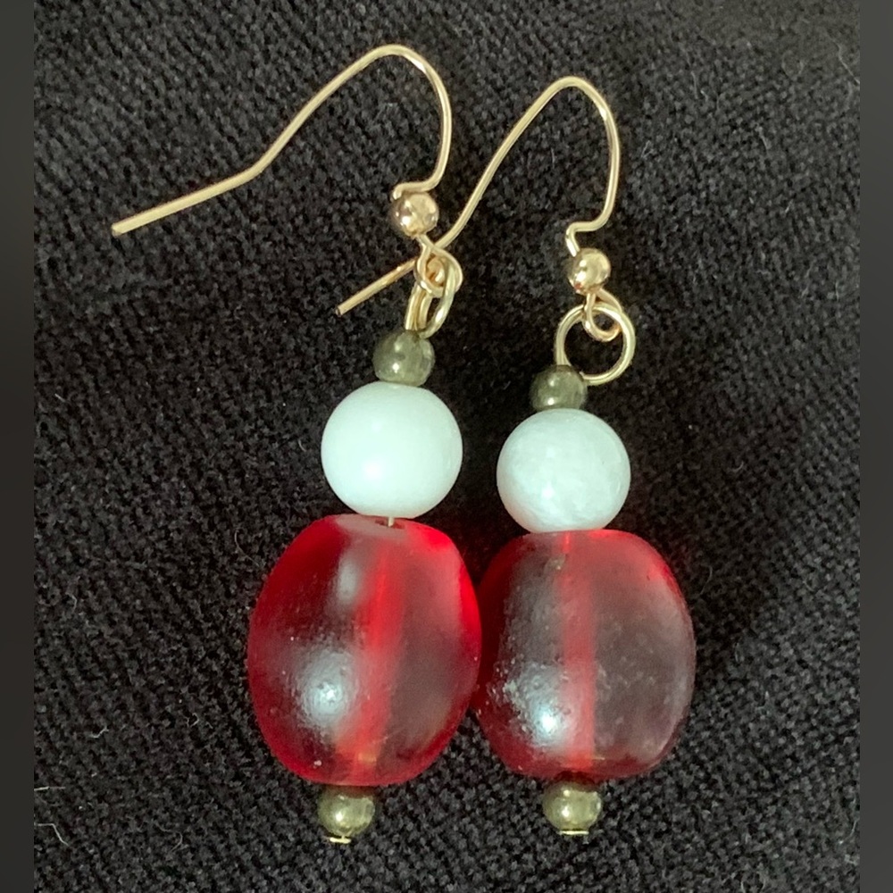 Vintage red glass beads, moonstone beads & brass spacers on fish hook wires 2”